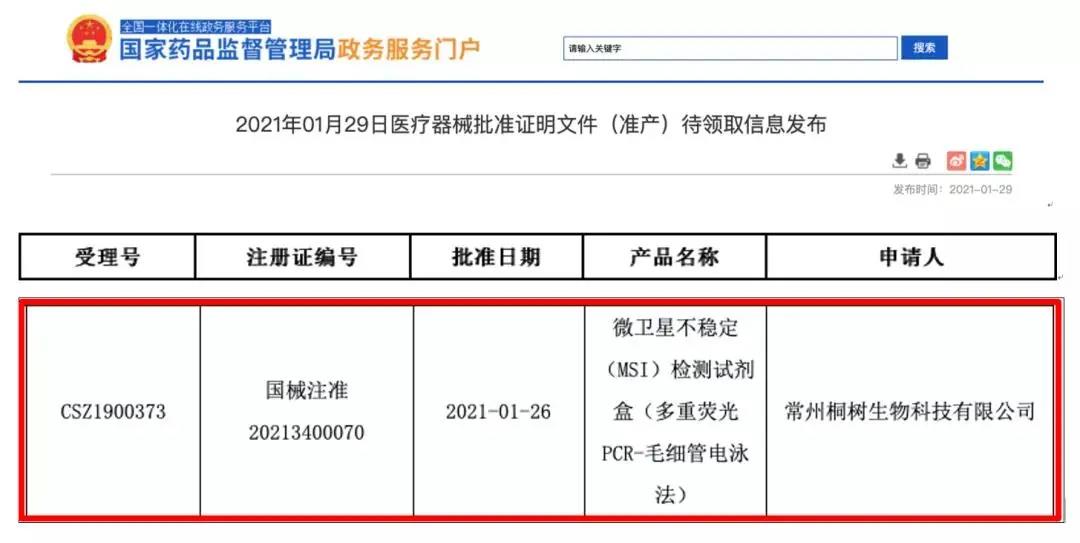 重磅！NMPA批准的国内首个微卫星不稳定（MSI）检测试剂盒花落桐树基因， MSI开启规范化有证时代！